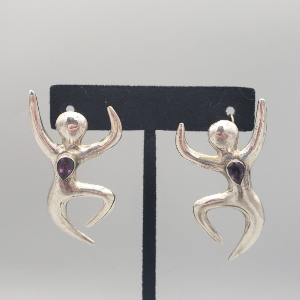 Modernist Dancer Figural Woman .925 Sterling Silver Earrings Purple Stone